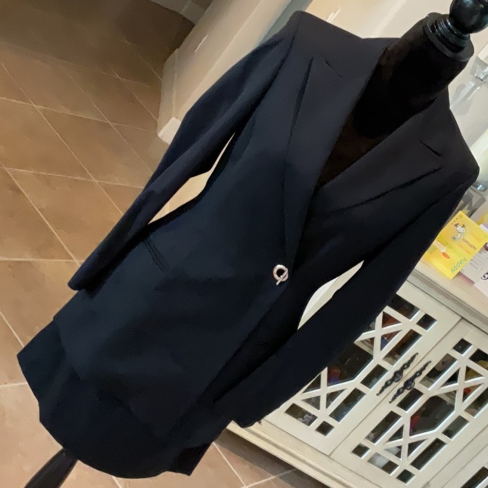CRISCA black skirt and jacket, silver toggle close front and ends of sleeves, 36